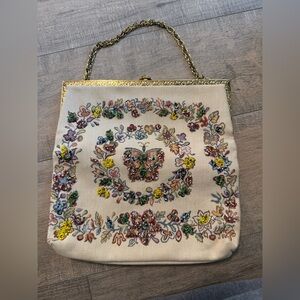 Embellished Cream Floral Butterfly Clutch with Chain Handle